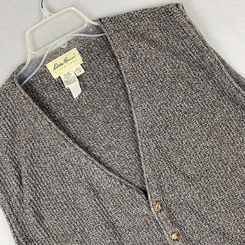 Eddie Bauer Mens Vintage 100% Cotton Marled Knit Button Cardigan Vest USA L 90s
